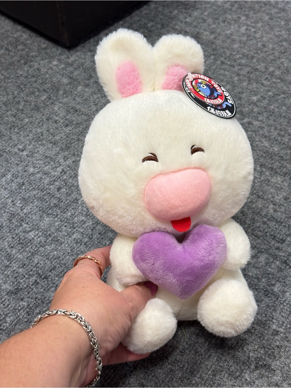 Cute White Bunny Plush with Pink Accents and Purple Heart - Soft Cuddly Toy